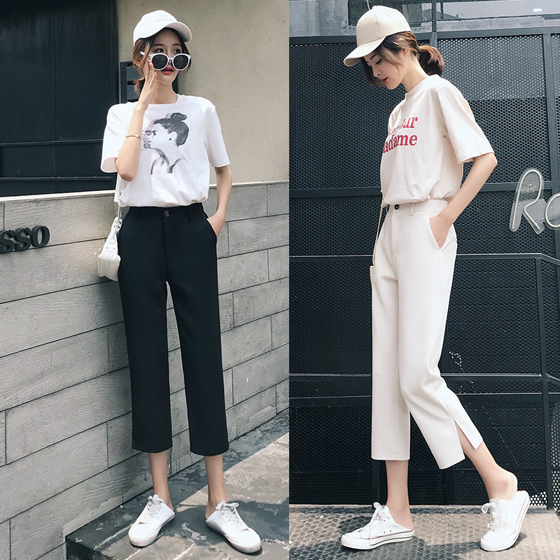 Quần chân rộng nữ cắt quần 2018 mùa hè phần mỏng giản dị Hàn Quốc phiên bản cao eo hậu cung quần lỏng thẳng phù hợp với quần
