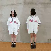 Đường phố thể thao kích thước lớn jersey bóng chày ngắn tay cardigan T-Shirt hip-hop dài nam giới và phụ nữ Harajuku bf Hàn Quốc phiên bản của thủy triều mùa hè