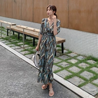 Шифоновое платье, летний приталенный корсет, длинная юбка, французский стиль, коллекция 2021, в корейском стиле, V-образный вырез