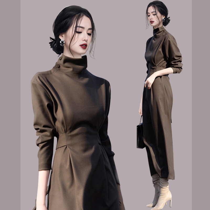 Gao Leng Yujie Style High Neck Long Sleeve Wool Dress Women's Fall/Winter French Backing Long Dress with Coat Fashion