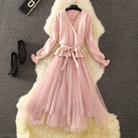 Платье, трикотажный удерживающий тепло комплект, из фатина, 2019, длинный рукав, высокая талия