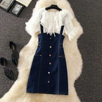 Джинсовый сарафан, летний комплект, летняя одежда, шифоновое приталенное платье, высокая талия, с акцентом на бедрах