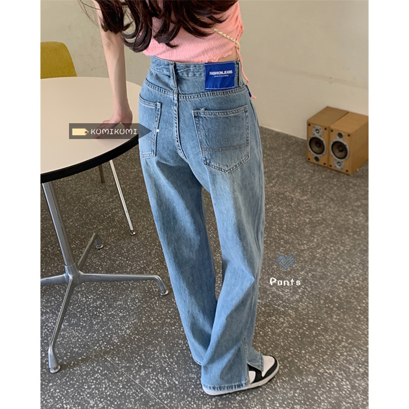 Blue wide-leg pants, women's summer high-waisted jeans, slimming straight-leg pants, chic floor-length pants, split pants, trendy