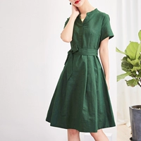 Hương vị mùa hè, làm mới và thoáng khí! Trở lại cổ áo, trang trí khóa, thắt lưng tie, linen dress 	váy siết eo