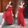 Váy chấm bi nữ mùa hè 2019 mới mùa thu đỏ dài đoạn lớn váy xòe váy chữ - A-Line Váy váy xòe ngắn liền thân