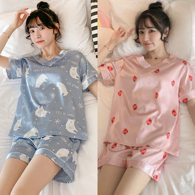 【2套装】2021冰丝睡衣女夏套短袖薄款仿真丝网红夏天家居服套装