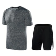 Người đàn ông mạnh mẽ ngày hè phù hợp với thể thao nam chạy thiết bị ngắn tay nhanh khô nhanh quần short tập thể dục quần áo hai mảnh - Quần áo tập thể hình