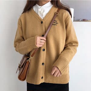 Hàn quốc sớm mùa xuân đơn giản thư thêu retro V-Cổ hoang dã đơn ngực lỏng đan áo len cardigan áo khoác nữ