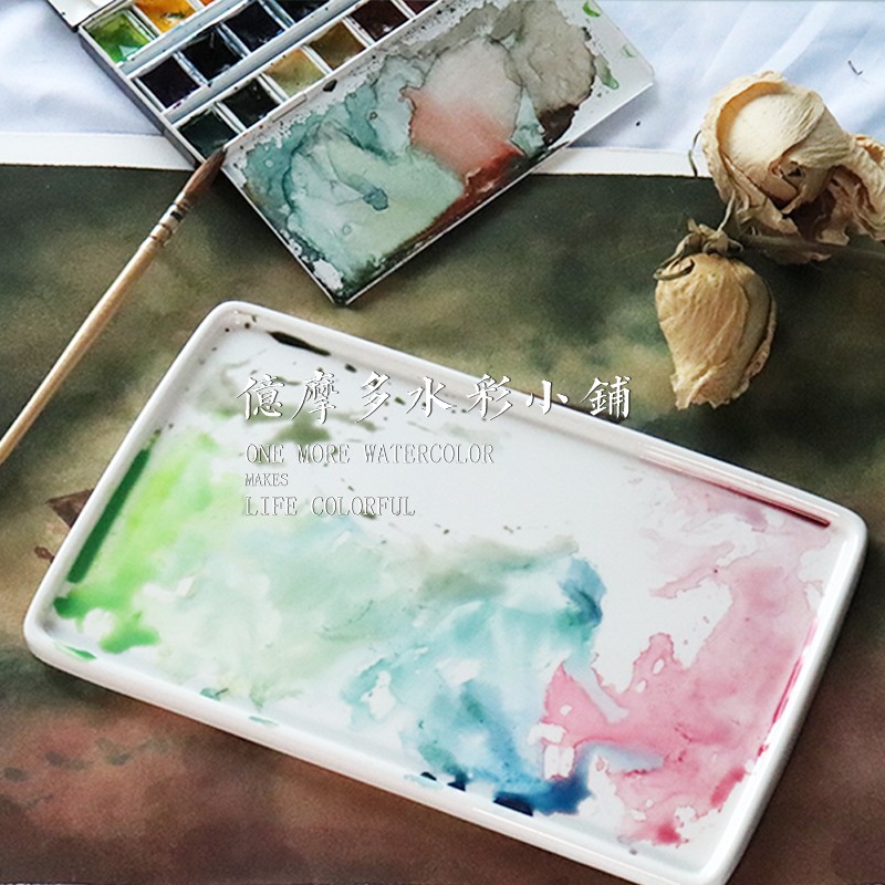 Enlarged Rectangle With Cold White & 14 * 23【 Yimo many 】 Watercolor ceramics Palette Jingdezhen Pure white Traditional Chinese painting Pigment tray Fine Arts major White porcelain