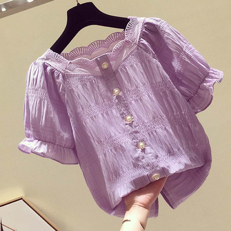 雪纺上衣女短袖2021韩版夏季新款百搭遮肚子显瘦紫色甜美雪纺衬衫