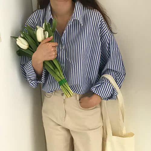 Blueorange stripe shirt female 2021 Spring and summer new pattern the republic of korea Age reduction little chap Sunscreen air conditioner solar system Long sleeve jacket