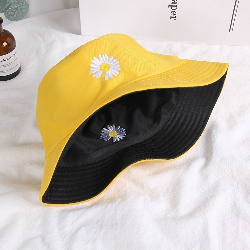 Double Sided (Daisy Yellow Black) - J51Double sided wear Hat female Women's hat two-sided Embroidery Versatile Basin cap Fisherman hat men and women lovely student Korean version