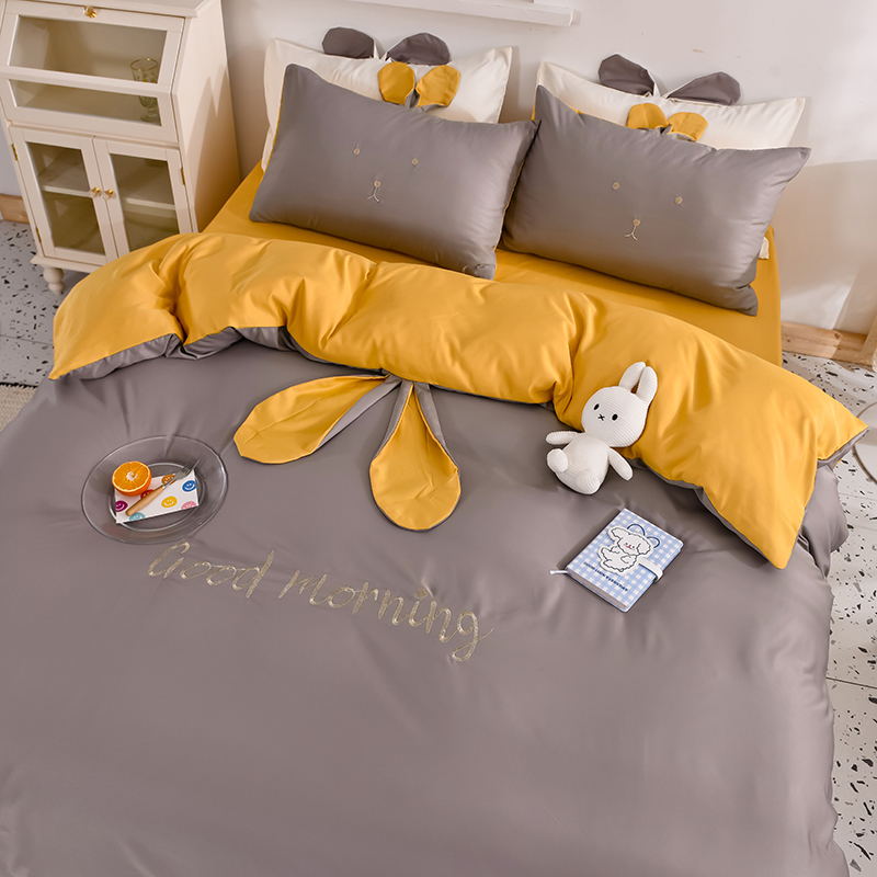 Style 5real silk Ice smooth Solid color Two color Rabbit ears summer quilt Sleep naked Princess style Sheet and fitted sheet piece cover pillow case Four piece suit
