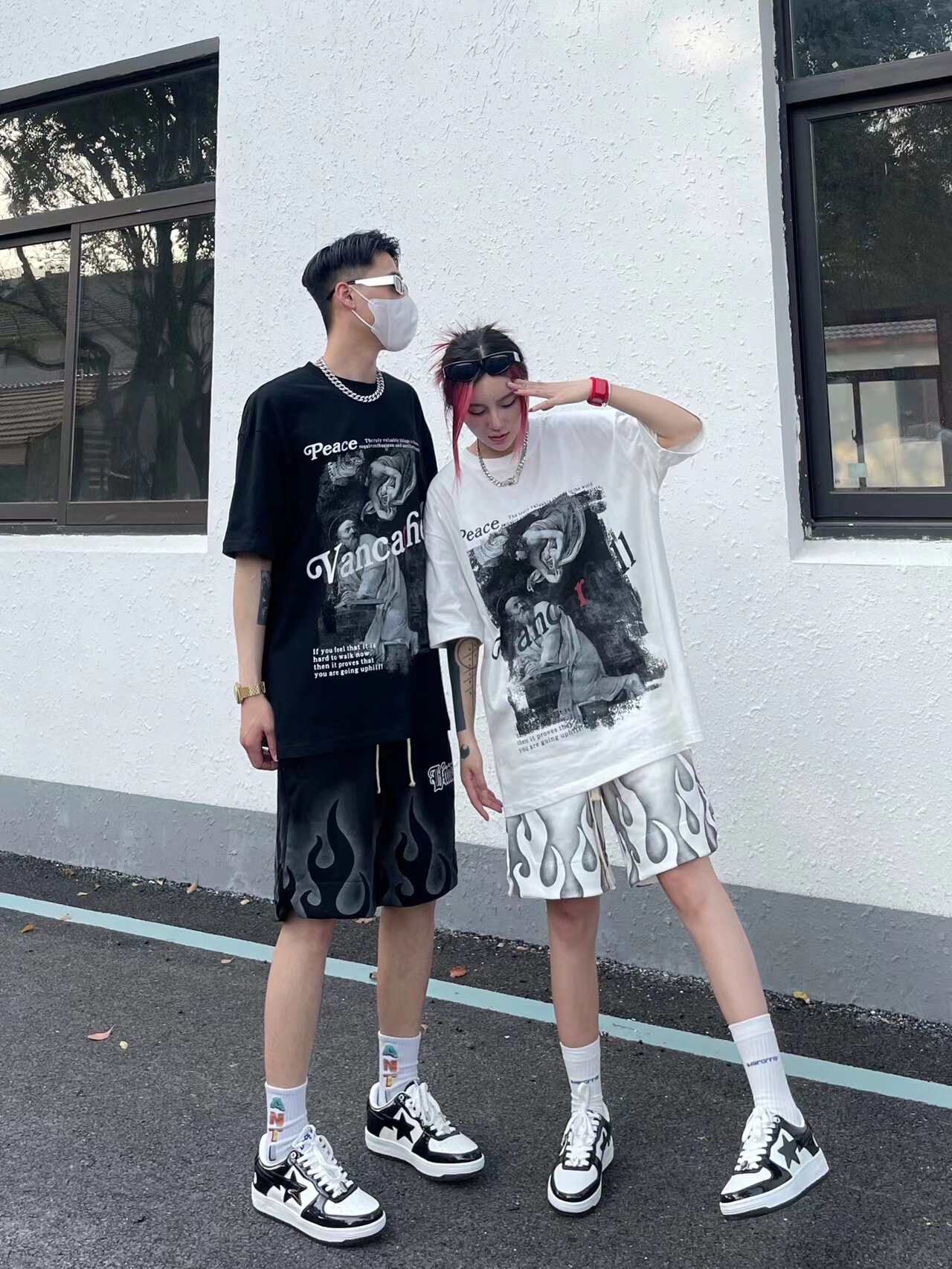 European and American original dark style retro figure print short-sleeved T-shirt men's fashion brand ins summer loose plus-size couple outfits