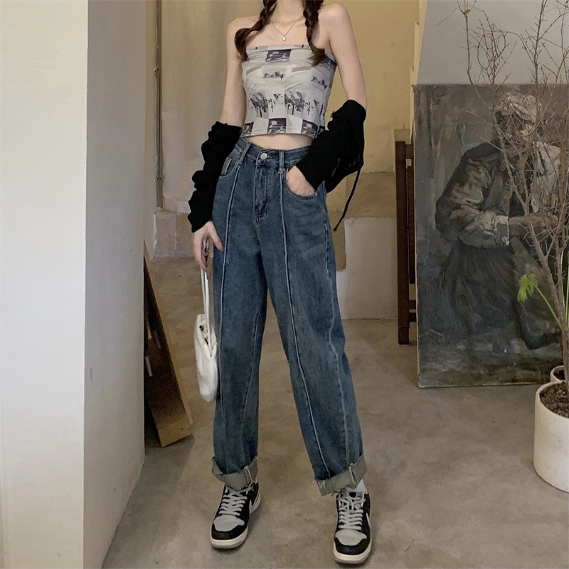 High-waisted women's 2022 autumn loose straight-leg slimming wide-leg long pants with a sense of design and patchwork