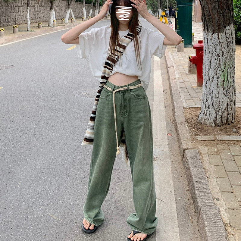 Green design jeans for women, 2022 new autumn loose, straight-leg, slimming, wide-leg floor-length pants