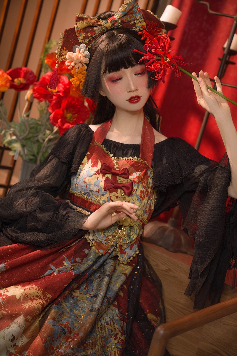 Wine Red SkirtNan Sheng Pavilion Under the moon fox Hanging neck jsk goods in stock link