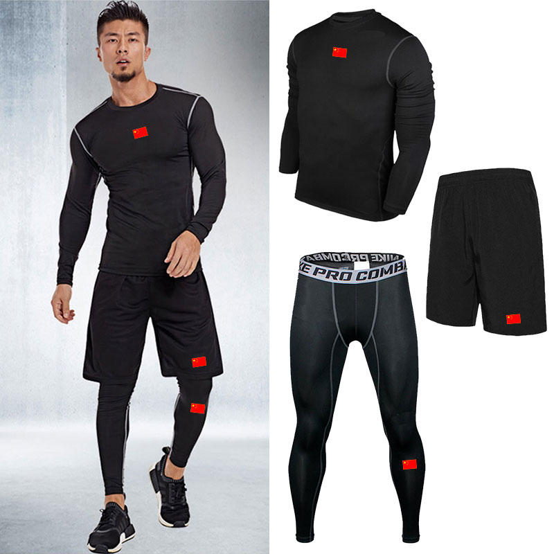 Long Sleeve Three Piece Set (National Flag)run motion Bodybuilding suit Five piece set Three large man Tight fitting Close fitting loose coat Short sleeve trousers shorts clothing