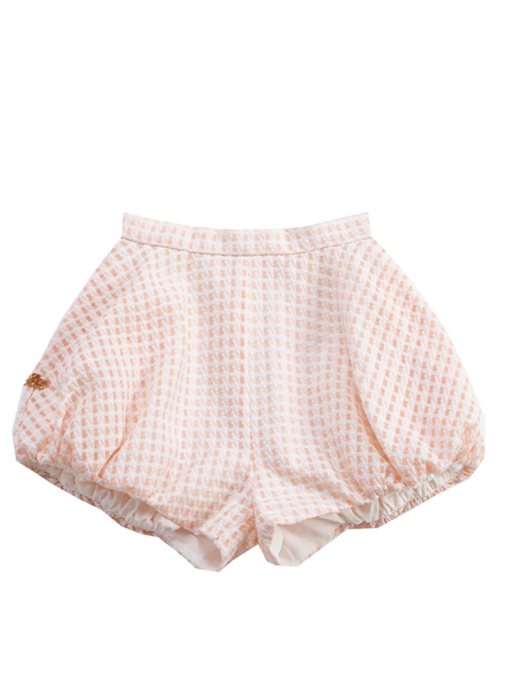 Pink Pre-salele palais vintage original Retro girl Apricot Pink lattice High waist Easy to match lantern shorts