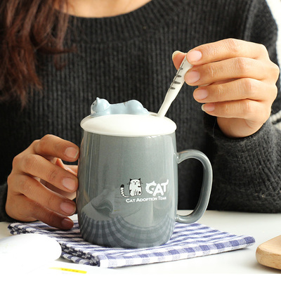 文艺小清新猫可爱陶瓷杯创意带盖勺情侣马克杯办公室喝水咖啡杯子