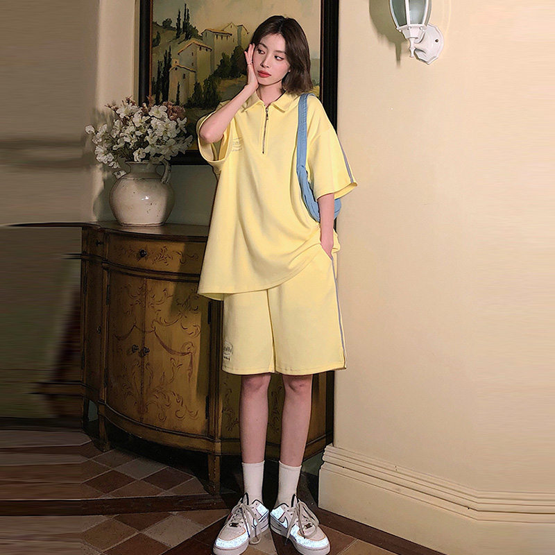 Yellow SuitSalt system Bomb Street pure cotton motion leisure time Two piece suit female summer new pattern easy student fashion Age reduction shorts tide