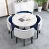 Imitation of marble round+blue and white leather chair 4 chair 4 chair imitation marble round+blue and white leather chair one table 4 chair