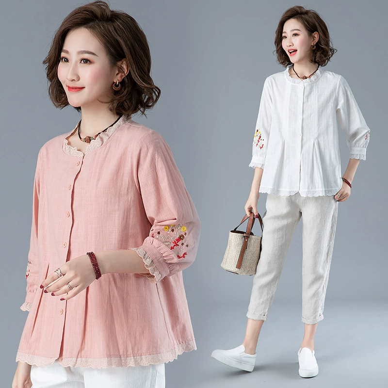 Mùa xuân và mùa hè mới phong cách Hàn Quốc thêu ren phụ nữ áo cánh rời kích thước lớn đa năng ba phần tư tay áo bông và vải lanh phụ nữ - Áo sơ mi