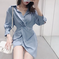 Cao đẳng gió xếp li eo khí hoang dã Một từ váy nữ 2018 mùa hè mới Hàn Quốc dài tay slim dress đầm xòe công sở