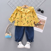 Bộ áo sơ mi nữ bằng vải cotton mùa thu 2019 mới tay dài cho trẻ em 01-2-3 tuổi Áo sơ mi nữ xù - Áo sơ mi