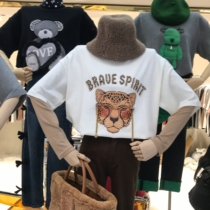 Brushed short-sleeved T-shirt for women 2023 autumn/winter, thickened heavy industry diamond-encrusted fashionable tiger head top, Instagram trend one-piece dropshipping