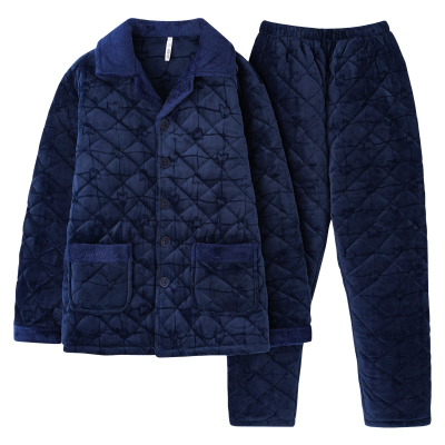 睡衣男款冬季三层珊瑚绒夹棉法兰绒家居服