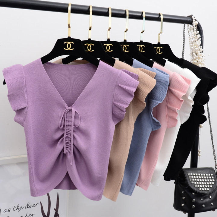 Dây kéo ren v- cổ áo sơ mi mỏng nữ sinh viên 2018 mùa hè mới Hàn Quốc phiên bản của tay áo nhỏ bay áo len hoang dã