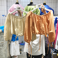 Ttmi Hàn Quốc phiên bản X2 mùa hè ulzzang màu rắn từ cổ áo eo dây rút giảm béo hoang dã dài tay áo thun áo sơ mi mẫu áo sơ mi lụa nữ đẹp