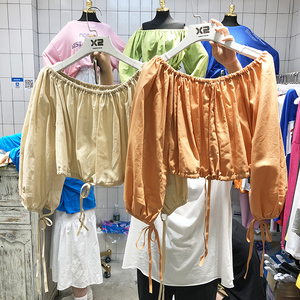 Ttmi Hàn Quốc phiên bản X2 mùa hè ulzzang màu rắn từ cổ áo eo dây rút giảm béo hoang dã dài tay áo thun áo sơ mi