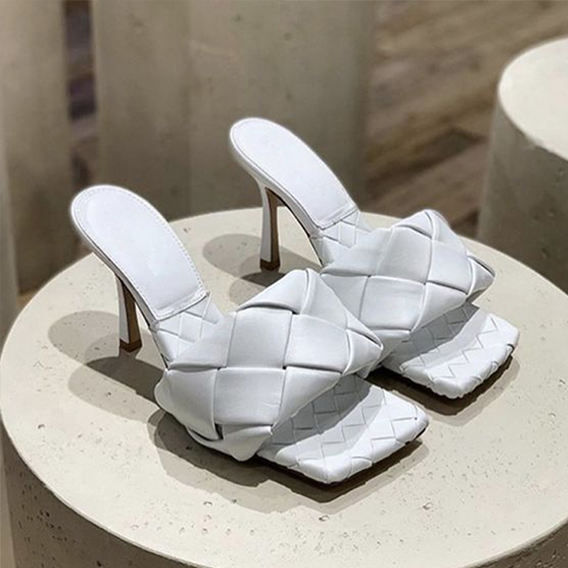 White2021 new pattern high-heeled Square head Barefoot genuine leather Sandals Wear out weave fashion Internet celebrity Sense of design Sandals female slipper