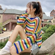 Mùa hè mới của phụ nữ phiên bản Hàn Quốc của sọc cầu vồng hoang dã lỏng lẻo dài tay áo len ngắn tay áo thun nữ