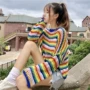 Mùa hè mới của phụ nữ phiên bản Hàn Quốc của sọc cầu vồng hoang dã lỏng lẻo dài tay áo len ngắn tay áo thun nữ áo cardigan
