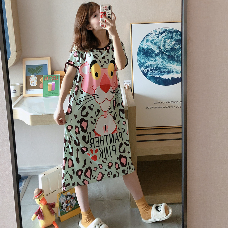 Green And Naughty Leopard SkirtNightdress female summer Thin Short sleeve pure cotton Princess style Korean version easy Big size pregnant woman pajamas Spring and autumn days leisure wear