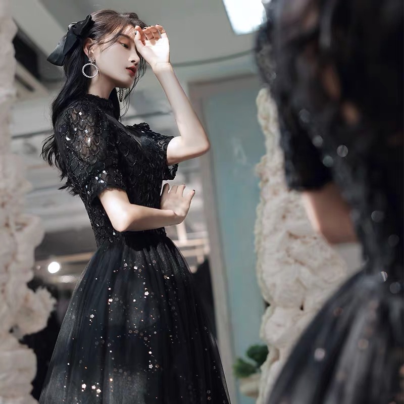 Evening dress, autumn long small princess costume, black skirt, 2021 collection, fitted Evening dress, autumn long small princess costume, black skirt, 2021 collection, fitted