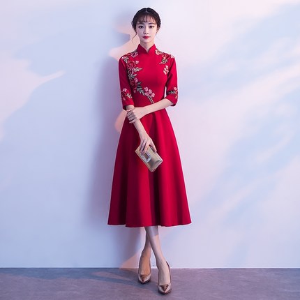 Summer long red evening dress for bride, suitable for teen, fitted, plus size, Chinese style, mid-length