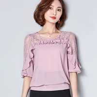 Trung niên T-shirt nữ mùa hè ăn mặc của phụ nữ ngắn tay áo 30-40 tuổi mẹ nạp Hàn Quốc phiên bản của lỏng kích thước lớn ren voan áo sơ mi mẫu áo sơ mi nữ