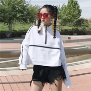 Mùa thu của phụ nữ 2018 Hàn Quốc phiên bản của sự tương phản màu cao cổ áo đoạn ngắn dài tay áo len Harajuku phong cách loose hoang dã phụ nữ áo khoác