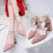 Mùa xuân và mùa thu Hàn Quốc Giày cao gót mũi nhọn với đôi giày đơn màu hồng ngọt ngào của phụ nữ dày có quai dép mùa hè
