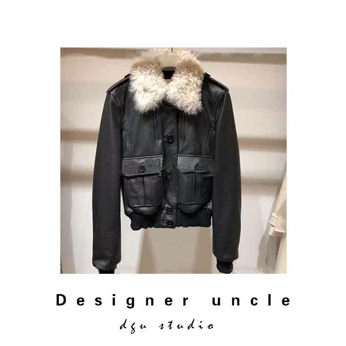 DGU Studio tiền gửi chic da cổng nữ gió lamb fur cổ áo đa túi máy bay ném bom áo khoác thủy triều
