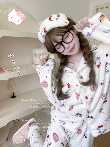 Hello Kitty, фланелевая зимняя пижама, милый удерживающий тепло лонгслив, комплект