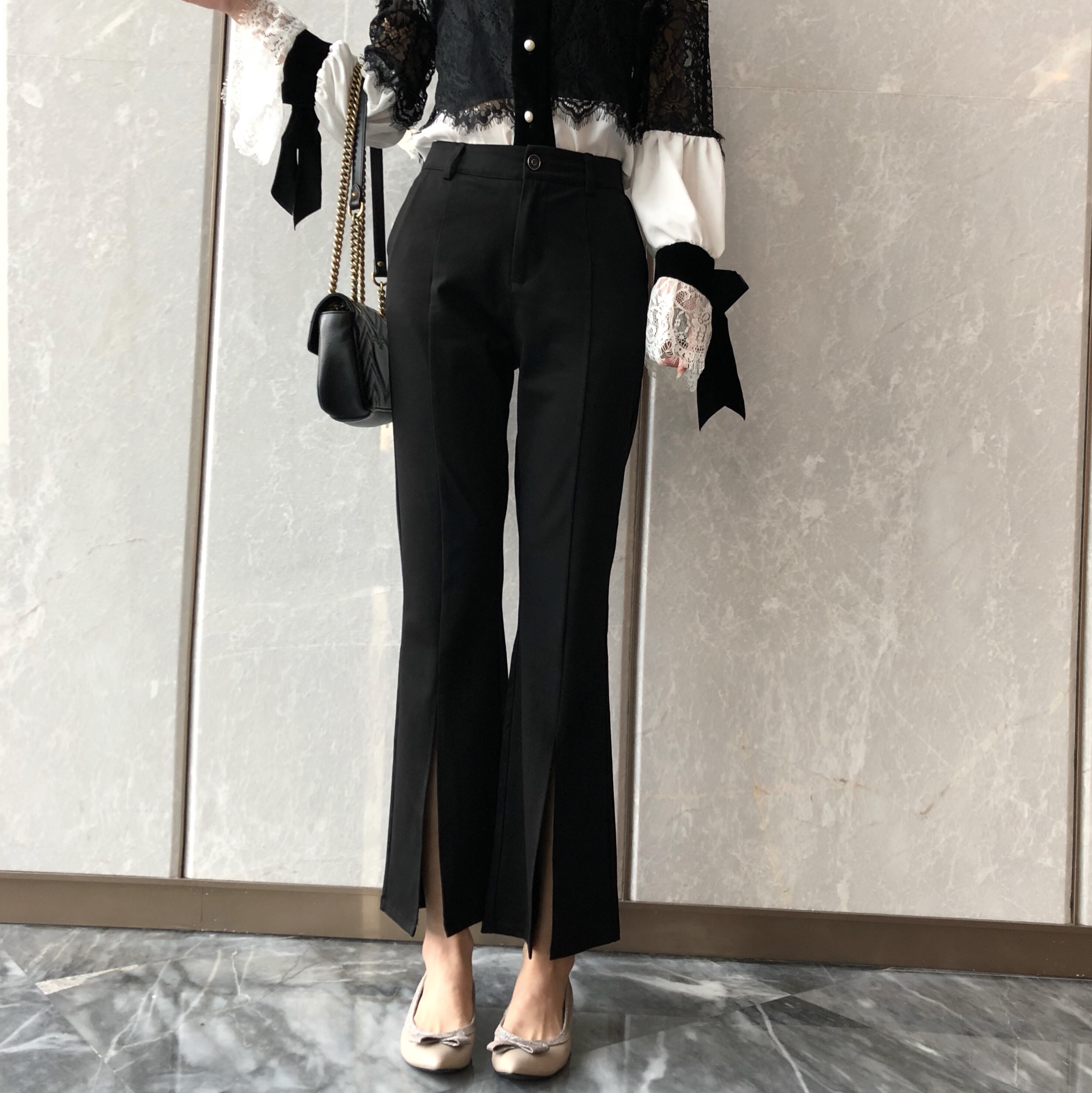 450实拍 春季韩版开叉阔腿裤高腰弹力修身显瘦微喇叭裤九分裤女
