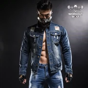 WorkoutWolf 撸 Iron Wolf Thể Thao Denim Jacket Nam Slim Retro Lỗ Thể Dục Denim Áo Khoác Nam