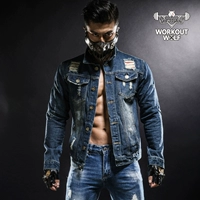 WorkoutWolf 撸 Iron Wolf Thể Thao Denim Jacket Nam Slim Retro Lỗ Thể Dục Denim Áo Khoác Nam áo khoác nỉ lining nam