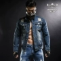 WorkoutWolf 撸 Iron Wolf Thể Thao Denim Jacket Nam Slim Retro Lỗ Thể Dục Denim Áo Khoác Nam áo khoác nỉ lining nam