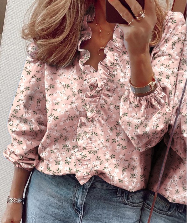Pink Printwish Express Express ebay Spring and summer European style new pattern Long sleeve Ruffles shirt Women shirt